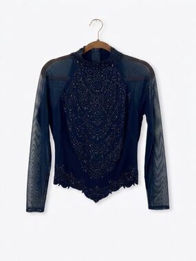Vintage Tadashi Shoji Beaded Mock Neck Mesh Top Black Goth Glam Whimsigoth